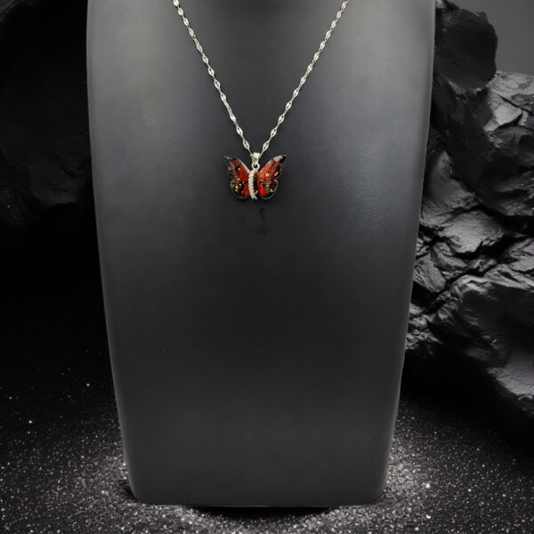 Eternal Flutter – Red Butterfly Pendant Necklace with Silver Neckchain